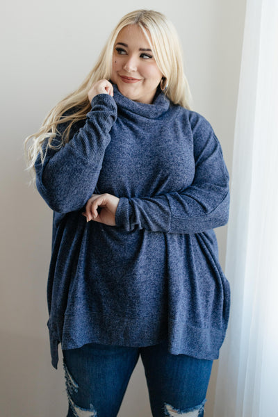 Brushed Melange Cowl Neck Sweater in Navy