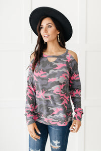 Hot Camo Cold Shoulder Top