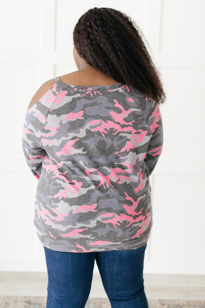 Hot Camo Cold Shoulder Top