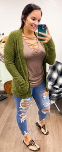 Chenille Olive Cardigan - Cash and Company Clothing