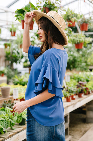 Ruth Ruffled Sleeve Top In Royal